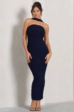 Entranced | Navy Ruched Bandeau Maxi Dress With Halter Collar -Dress Shop WB CL128983015 Entranced NavyRuchedBandeauMidiDressWithHalterCollar5