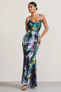 Lifetime | Watercolour Print Satin Cowl Neck Maxi Dress With Cross Back Detail -Dress Shop WB CL128986152 LifetimeWatercolourPrintSatinCowlNeckMaxiDressWithCrossBackDetail1 5f00433c 417b 4483 b104 4fe99c0c3c75