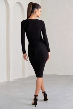 Julieta | Black Plunge Neck Long Sleeve Ruched Midi Dress With Cut Out Detail 9 Julieta | Black Plunge Neck Long Sleeve Ruched Midi Dress With Cut Out Detail -Dress Shop WB CL129022 JulietaBlackPlungeNeckLongSleeveRuchedMidiDressWithCutOutDetail5 f26a2932 2c0b 4469 8cf6 23568fdabd48