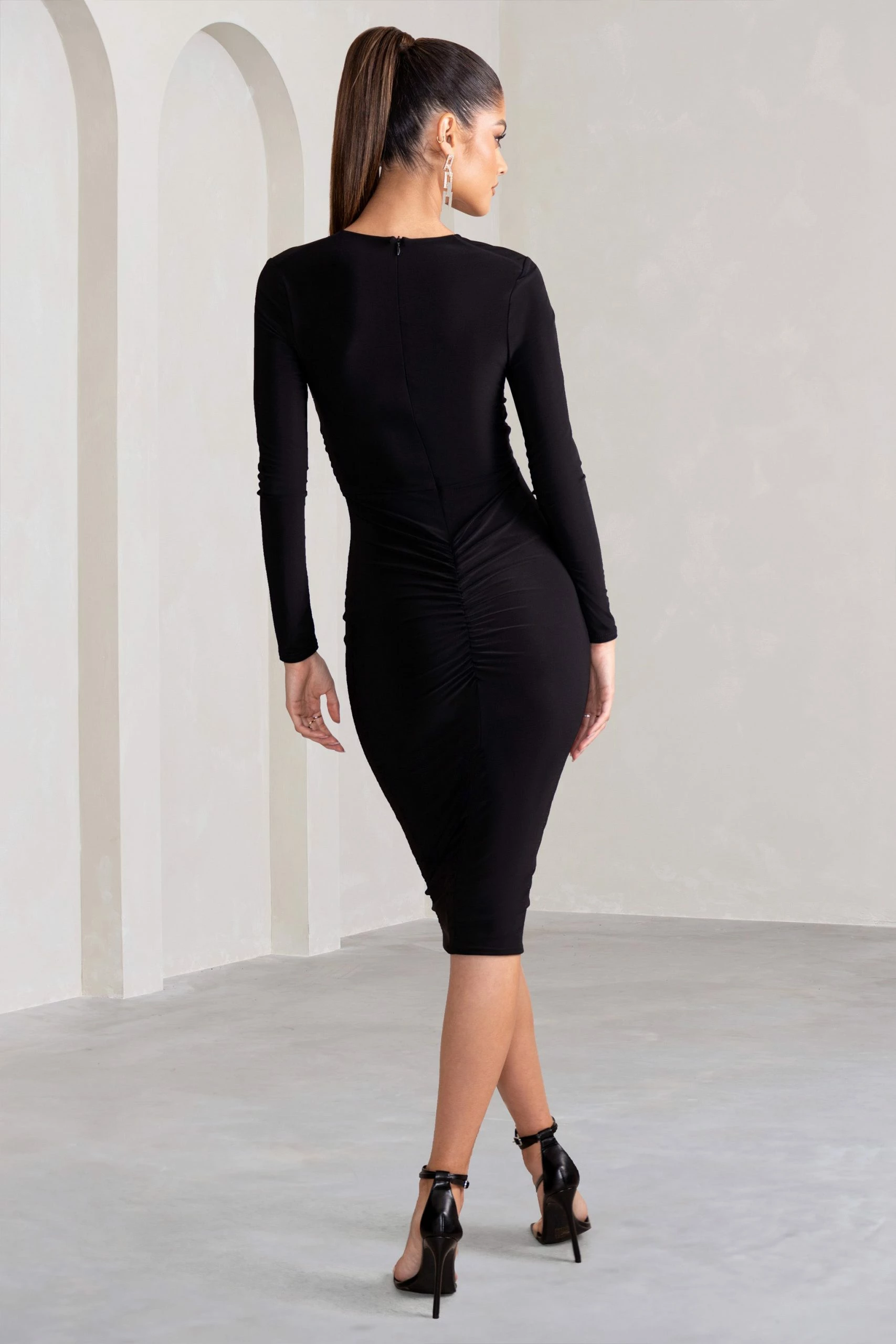Julieta | Black Plunge Neck Long Sleeve Ruched Midi Dress With Cut Out Detail 4 Julieta | Black Plunge Neck Long Sleeve Ruched Midi Dress With Cut Out Detail - Image 2