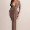Kyle | Mocha Long Sleeve Plunge Maxi Dress -Dress Shop WB CL129263 KyleMochaLongSleevePlungeMaxiDress0