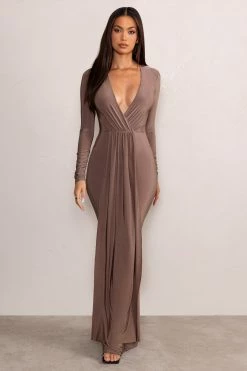 Kyle | Mocha Long Sleeve Plunge Maxi Dress 10 Kyle | Mocha Long Sleeve Plunge Maxi Dress -Dress Shop WB CL129263 KyleMochaLongSleevePlungeMaxiDress1