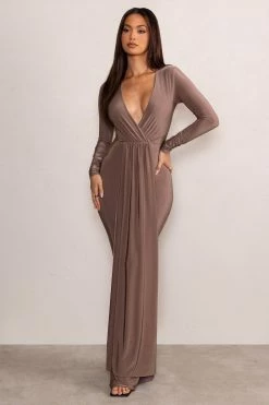 Kyle | Mocha Long Sleeve Plunge Maxi Dress 11 Kyle | Mocha Long Sleeve Plunge Maxi Dress -Dress Shop WB CL129263 KyleMochaLongSleevePlungeMaxiDress3