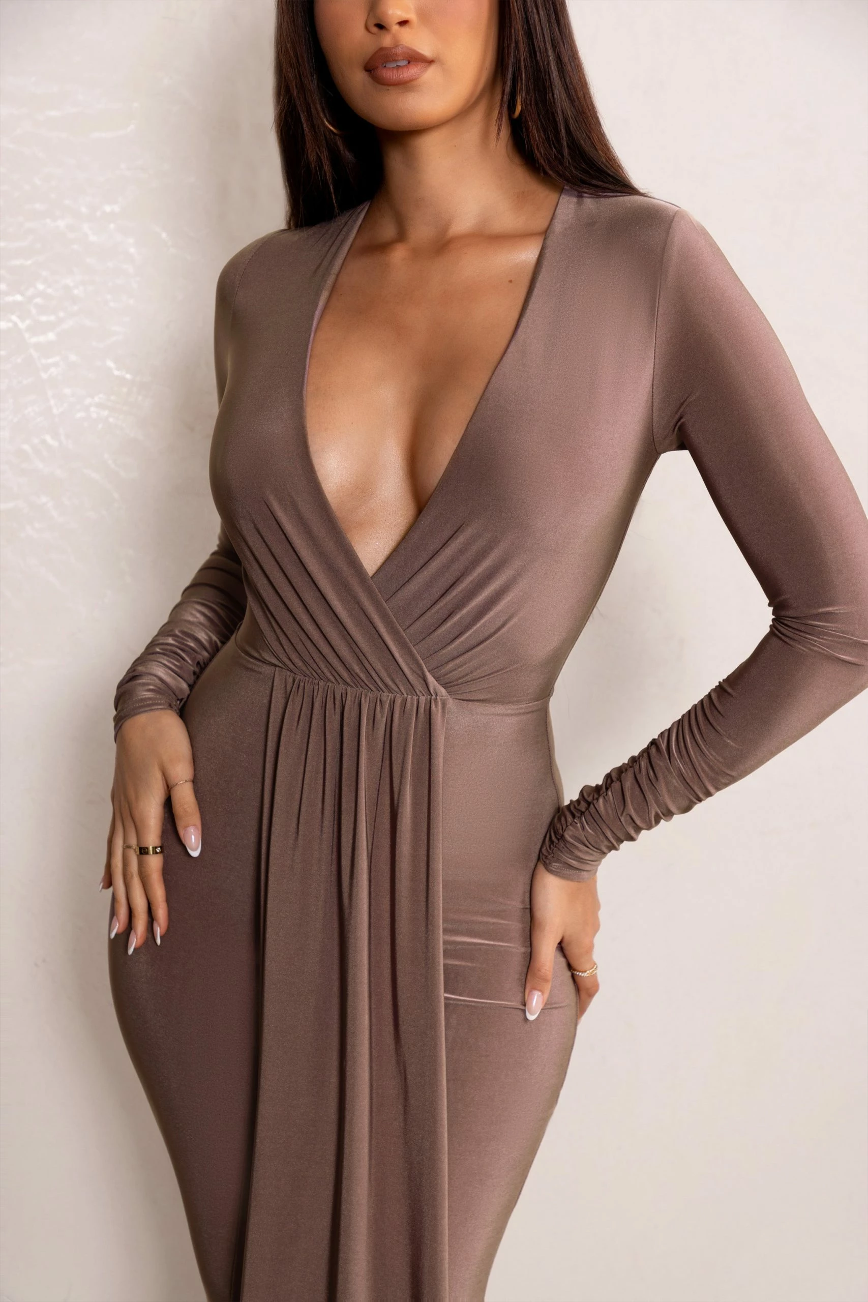 Kyle | Mocha Long Sleeve Plunge Maxi Dress 5 Kyle | Mocha Long Sleeve Plunge Maxi Dress - Image 3