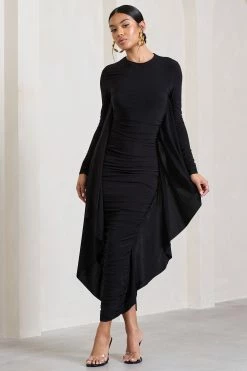Keva | Black Long Sleeve Ruched Maxi Dress With Cape Detailing -Dress Shop WB CL129265002 KevaBlackLongSleeveRuchedMaxiDresswithCapeDetailing1 2c2cc9f1 8cd8 4154 8451 a9b97581893e