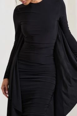 Keva | Black Long Sleeve Ruched Maxi Dress With Cape Detailing -Dress Shop WB CL129265002 KevaBlackLongSleeveRuchedMaxiDresswithCapeDetailing3 abf16dc3 9ab2 466f af37 12d7d5ff18ae