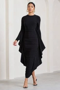 Keva | Black Long Sleeve Ruched Maxi Dress With Cape Detailing