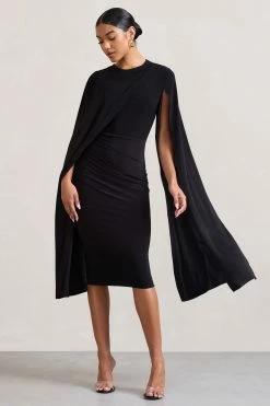 Marysol | Black Asymmetric Cape Midi Dress