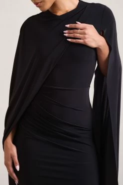 Marysol | Black Asymmetric Cape Midi Dress -Dress Shop WB CL129284002 Marysol BlackAsymmetricCapeMidiDress4