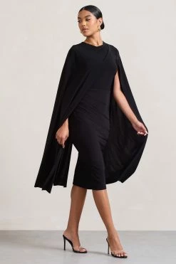 Marysol | Black Asymmetric Cape Midi Dress -Dress Shop WB CL129284002 Marysol BlackAsymmetricCapeMidiDress8