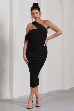 Cici | Black Asymmetric One Shoulder Ruched Midi Dress -Dress Shop WB CL129294002 CiciBlackAsymmetricOneShoulderRuchedMidiDress1