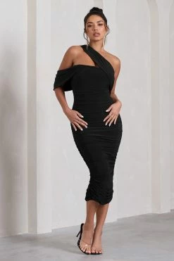 Cici | Black Asymmetric One Shoulder Ruched Midi Dress -Dress Shop WB CL129294002 CiciBlackAsymmetricOneShoulderRuchedMidiDress2