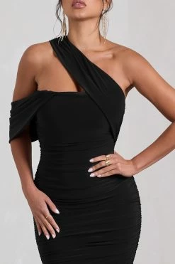 Cici | Black Asymmetric One Shoulder Ruched Midi Dress -Dress Shop WB CL129294002 CiciBlackAsymmetricOneShoulderRuchedMidiDress3