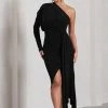 Catherine | Black Asymmetric Midi Dress With Statement Drape -Dress Shop WB CL129314002 CatherineBlackAsymmetricMidiDressWithStatementDrape1