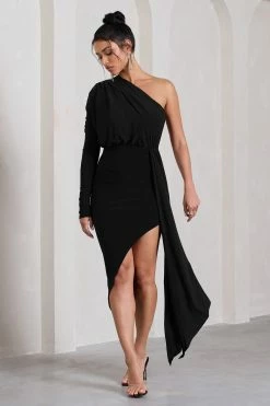 Catherine | Black Asymmetric Midi Dress With Statement Drape -Dress Shop WB CL129314002 CatherineBlackAsymmetricMidiDressWithStatementDrape2