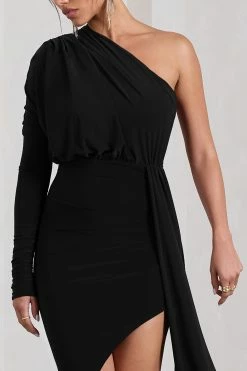 Catherine | Black Asymmetric Midi Dress With Statement Drape -Dress Shop WB CL129314002 CatherineBlackAsymmetricMidiDressWithStatementDrape2 c0d054eb 2dfc 4191 8f26 13da612b11bf