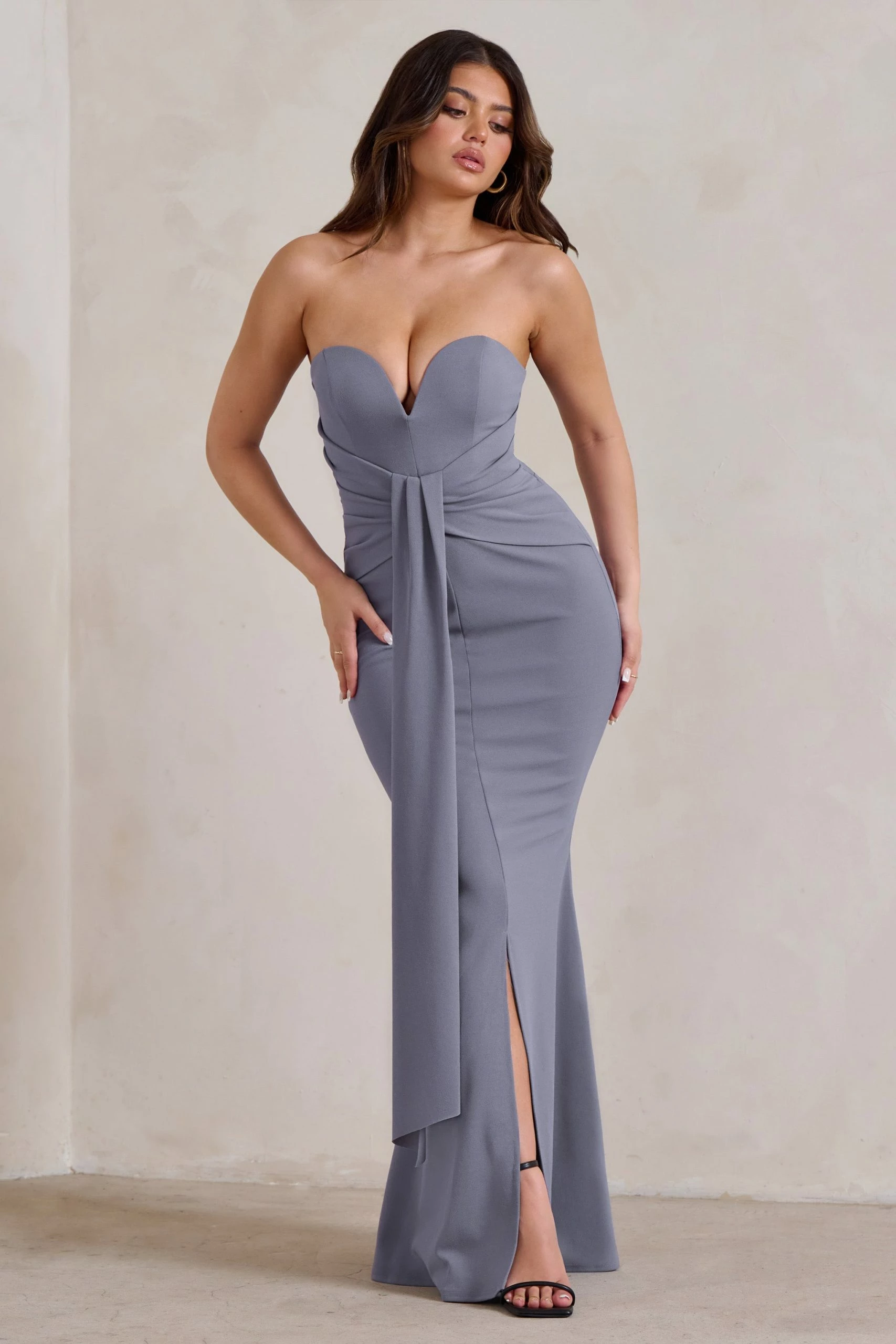Carrie | Grey Sweetheart Neckline Maxi Dress With Statement Tie 3 Carrie | Grey Sweetheart Neckline Maxi Dress With Statement Tie