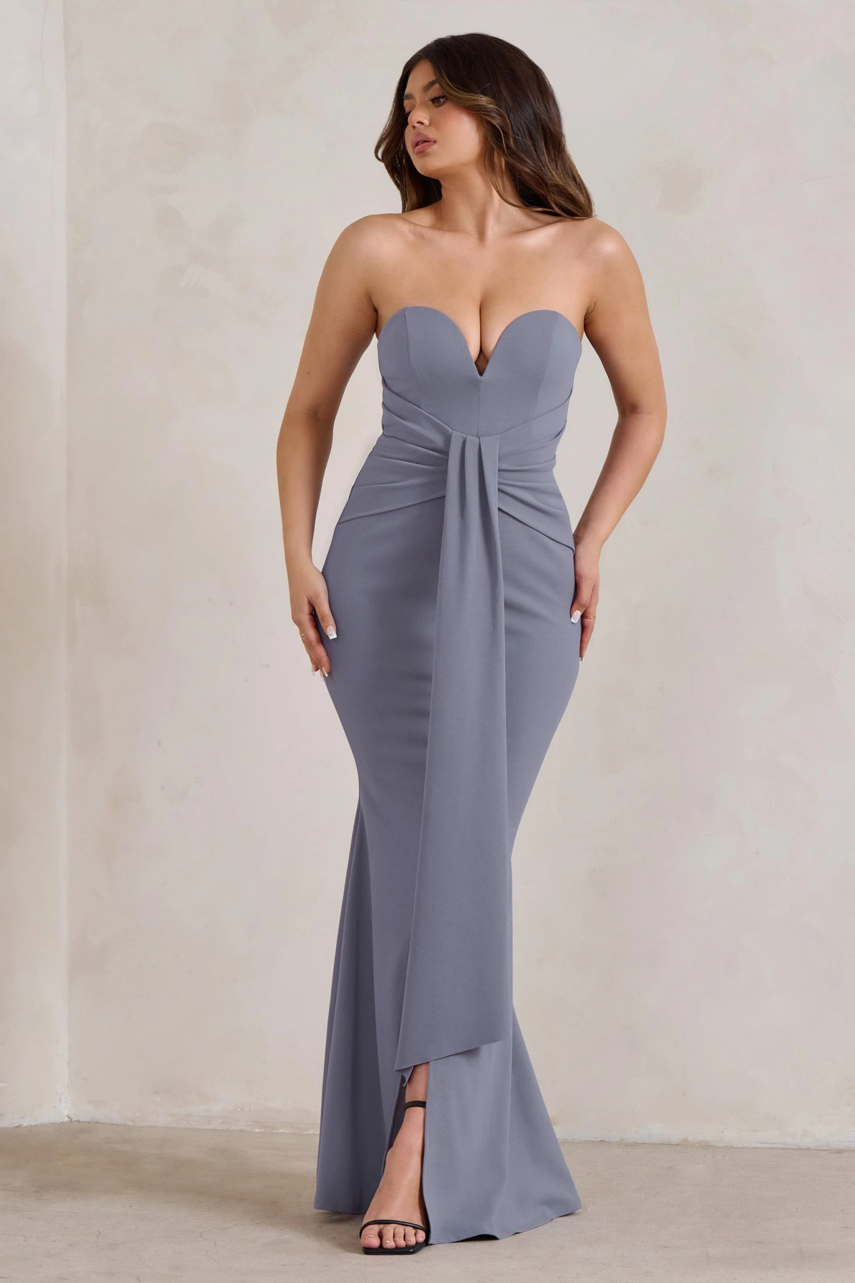 Carrie | Grey Sweetheart Neckline Maxi Dress With Statement Tie 7 Carrie | Grey Sweetheart Neckline Maxi Dress With Statement Tie - Image 5