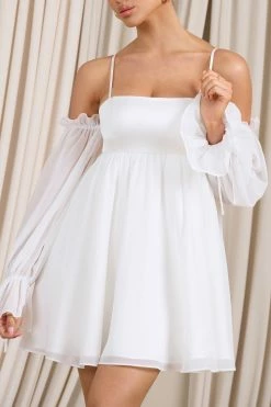 Daydream | White Satin Babydoll Mini Dress With Chiffon Sleeves -Dress Shop WB CL129351005 Daydream WhiteSatinBabydollMiniDressWithChiffonSleeves3