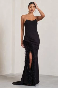 Say Yes | Black Corset Maxi Dress With Split Feather Skirt -Dress Shop WB CL129356002 SayYes BlackCorsetMaxiDressWithSplitFeatherSkirt0
