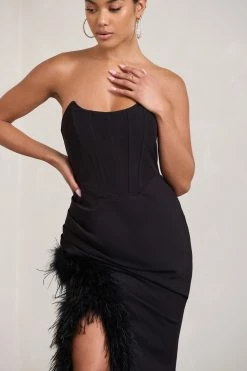 Say Yes | Black Corset Maxi Dress With Split Feather Skirt -Dress Shop WB CL129356002 SayYes BlackCorsetMaxiDressWithSplitFeatherSkirt2