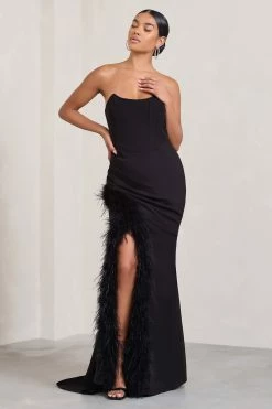 Say Yes | Black Corset Maxi Dress With Split Feather Skirt -Dress Shop WB CL129356002 SayYes BlackCorsetMaxiDressWithSplitFeatherSkirt4