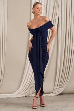 Camrin | Navy Ruched Bardot Maxi Dress With Train Detail -Dress Shop WB CL129362015 Camrin NavyRuchedBardotMaxiDressWithTrainDetail0