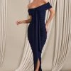 Camrin | Navy Ruched Bardot Maxi Dress With Train Detail -Dress Shop WB CL129362015 Camrin NavyRuchedBardotMaxiDressWithTrainDetail2