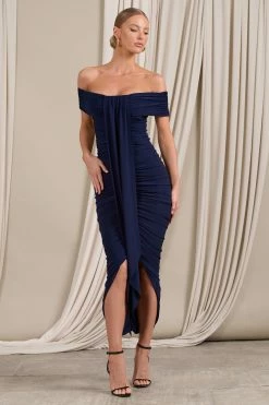 Camrin | Navy Ruched Bardot Maxi Dress With Train Detail -Dress Shop WB CL129362015 Camrin NavyRuchedBardotMaxiDressWithTrainDetail3