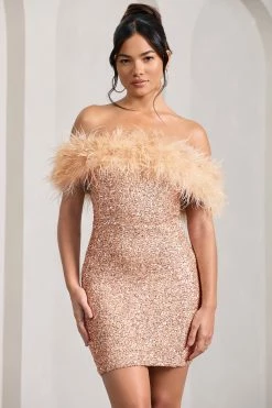 New Money | Gold Bodycon Sequin Mini Dress With Feather Trim -Dress Shop WB CL129364007 NewMoneyGoldBodyconSequinMiniDressWithFeatherTrim0