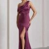 Jayne | Plum Satin Asymmetric Draped Split Maxi Dress 2 Jayne | Plum Satin Asymmetric Draped Split Maxi Dress -Dress Shop WB CL129372069 JaynePlumSatinAsymmetricDrapedSplitMaxiDress1