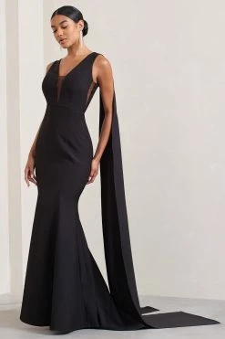 Rosaline | Black Plunging Fishtail Maxi Dress With Cape -Dress Shop WB CL129377002 Rosaline BlackPlungingFishtailMaxiDressWithCape0 b95fbd82 5b65 4690 ac39 556cc528677a