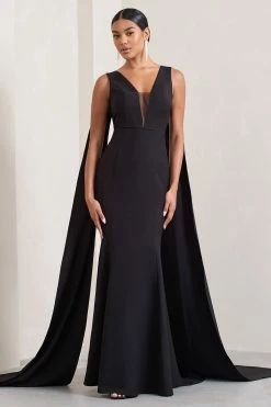 Rosaline | Black Plunging Fishtail Maxi Dress With Cape -Dress Shop WB CL129377002 Rosaline BlackPlungingFishtailMaxiDressWithCape4 4f8e2eda 94a4 410b 8cf3 95880d25c15f
