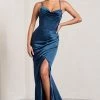 Grand Gift | Navy Satin Corset Draped Fishtail Maxi Dress -Dress Shop WB CL129379015 GrandGift NavySatinCorsetDrapedFishtailMaxiDress0