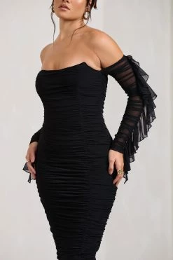 Favor | Black Ruched Mesh Bardot Midi Dress -Dress Shop WB CL129388002 Favor BlackRuchedMeshBardotMidiDress6