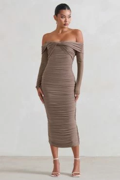 Neva | Mocha Bardot Twist Midi Dress -Dress Shop WB CL129406 Neva MochaBardotTwistMidiDress1
