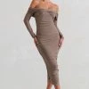 Neva | Mocha Bardot Twist Midi Dress 2 Neva | Mocha Bardot Twist Midi Dress -Dress Shop WB CL129406 Neva MochaBardotTwistMidiDress4