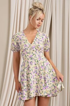 Si Si | Yellow Floral V-Neck Puff-Sleeved Buttoned Mini Dress -Dress Shop WB CL129412148 SiSi YellowFloralV NeckPuff SleevedButtonedMiniDress0