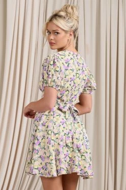 Si Si | Yellow Floral V-Neck Puff-Sleeved Buttoned Mini Dress -Dress Shop WB CL129412148 SiSi YellowFloralV NeckPuff SleevedButtonedMiniDress3