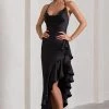 Lady Rosselini | Black Strappy Asymmetric Ruffled Maxi Dress -Dress Shop WB CL129419002 LadyRosseliniBlackStrappyAsymmetricRuffledMaxiDress2