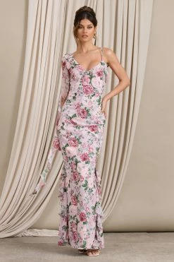 Leading Lady | Pink Floral Print Chiffon Asymmetric Ruffle Maxi Dress -Dress Shop WB CL129536146 LeadingLadyPinkFloralPrintChiffonAsymmetricRuffleMaxiDress2