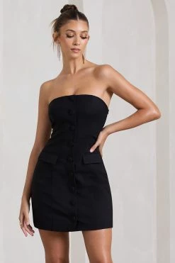 Rina | Black Strapless Tailored Mini Dress With Button Front -Dress Shop WB CL129668002 RinaBlackStraplessTailoredMiniDressWithButtonFront2