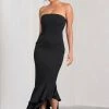 Sandy | Black Strapless Corset Asymmetric Maxi Dress