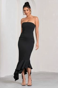 Sandy | Black Strapless Corset Asymmetric Maxi Dress