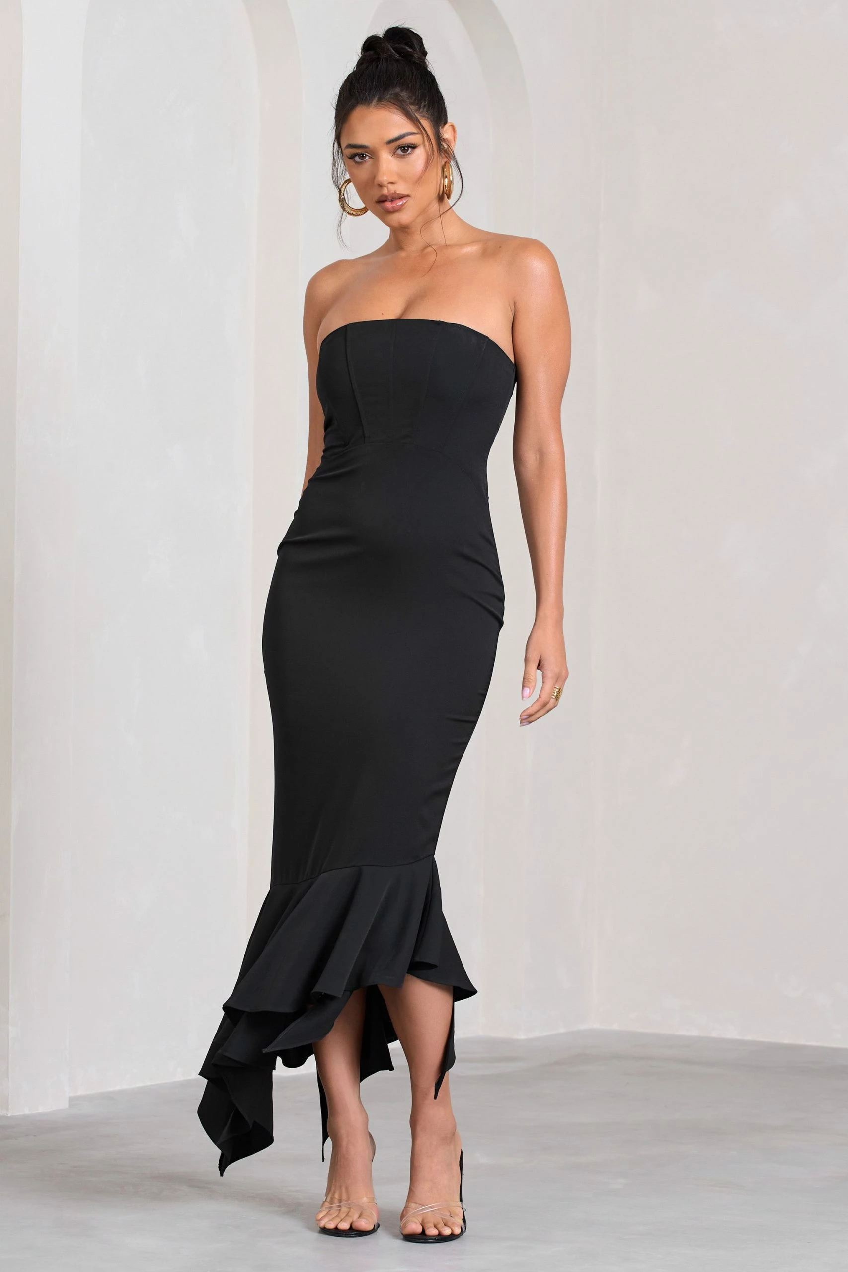 Sandy | Black Strapless Corset Asymmetric Maxi Dress 3 Sandy | Black Strapless Corset Asymmetric Maxi Dress