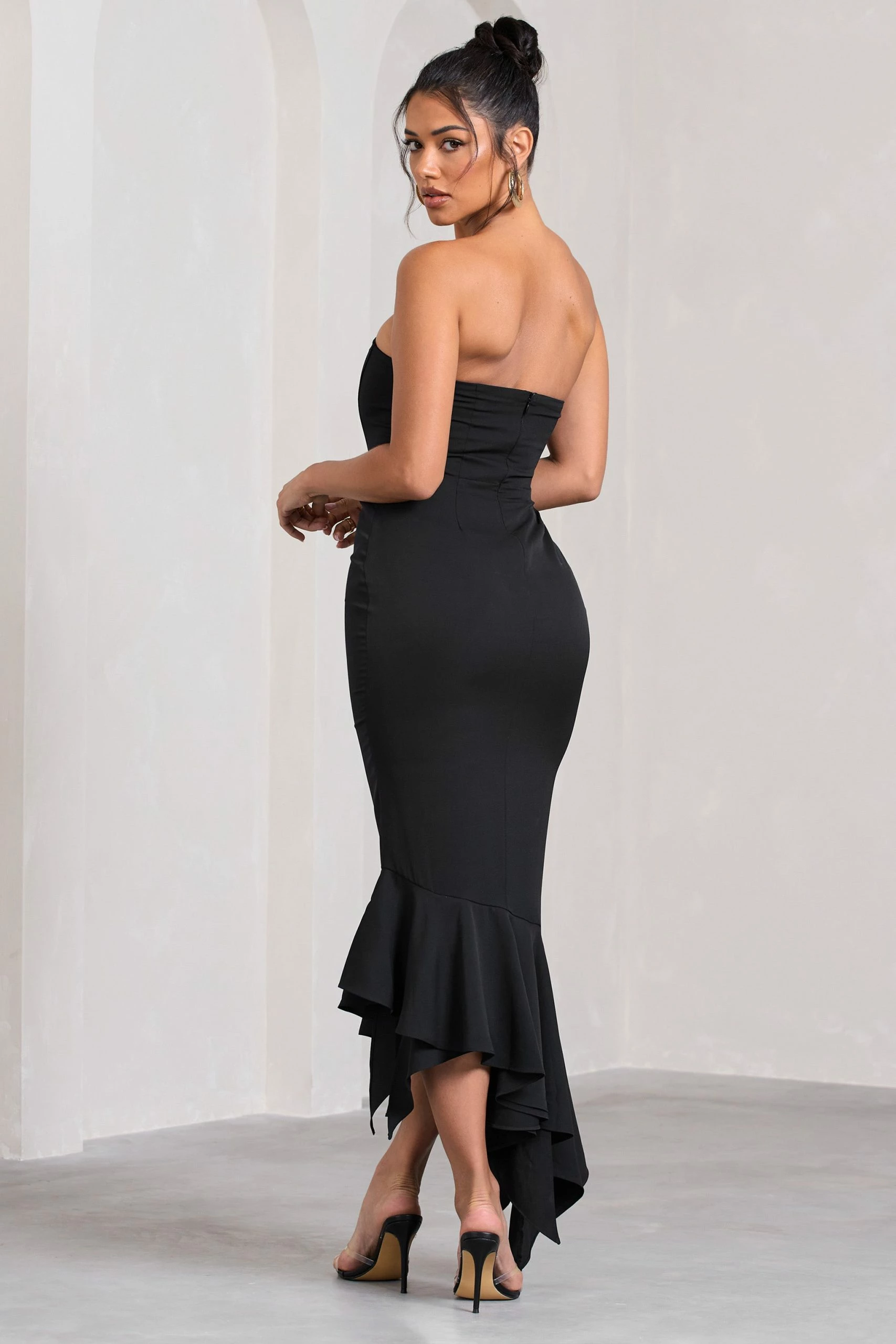 Sandy | Black Strapless Corset Asymmetric Maxi Dress 4 Sandy | Black Strapless Corset Asymmetric Maxi Dress - Image 2