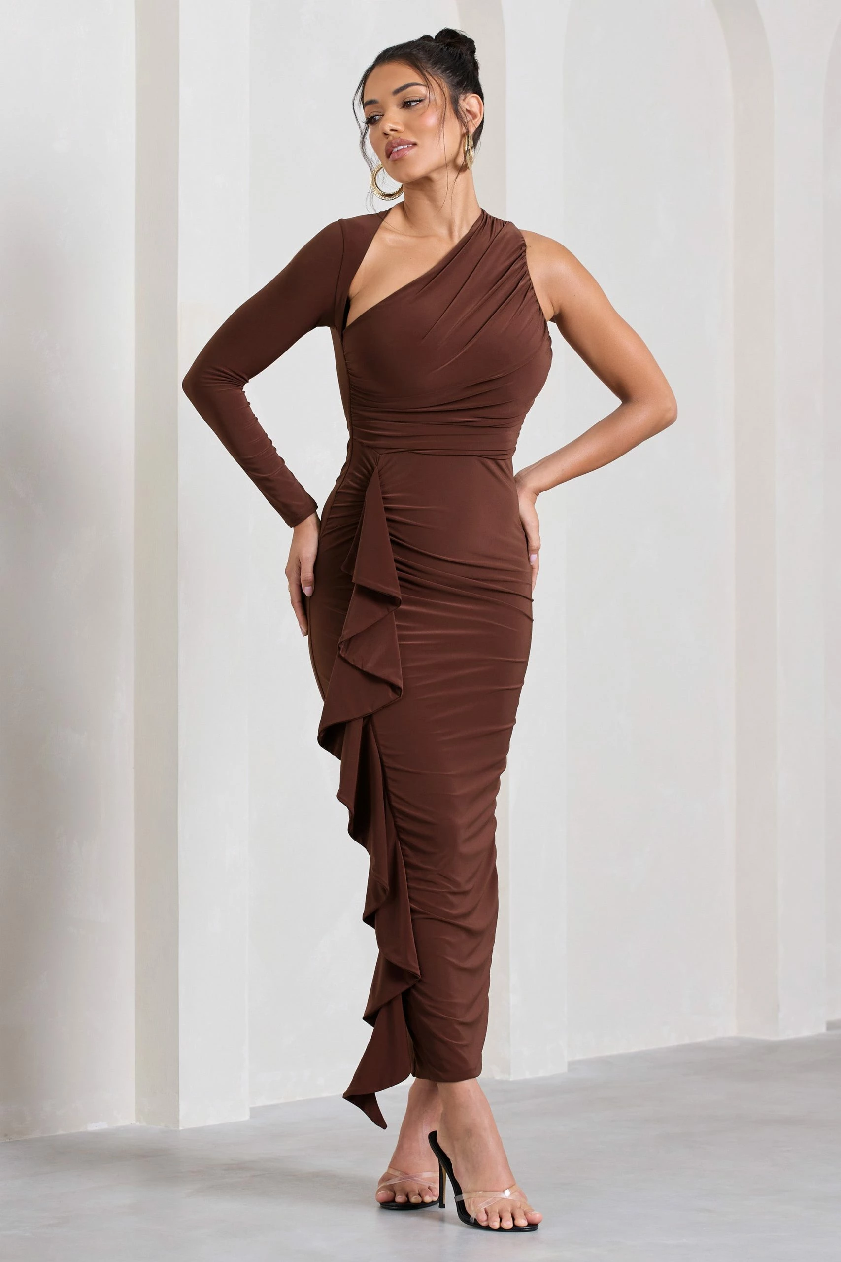 Compass | Brown One-Sleeved Cut-Out Maxi Dress With Ruffle 3 Compass | Brown One-Sleeved Cut-Out Maxi Dress With Ruffle