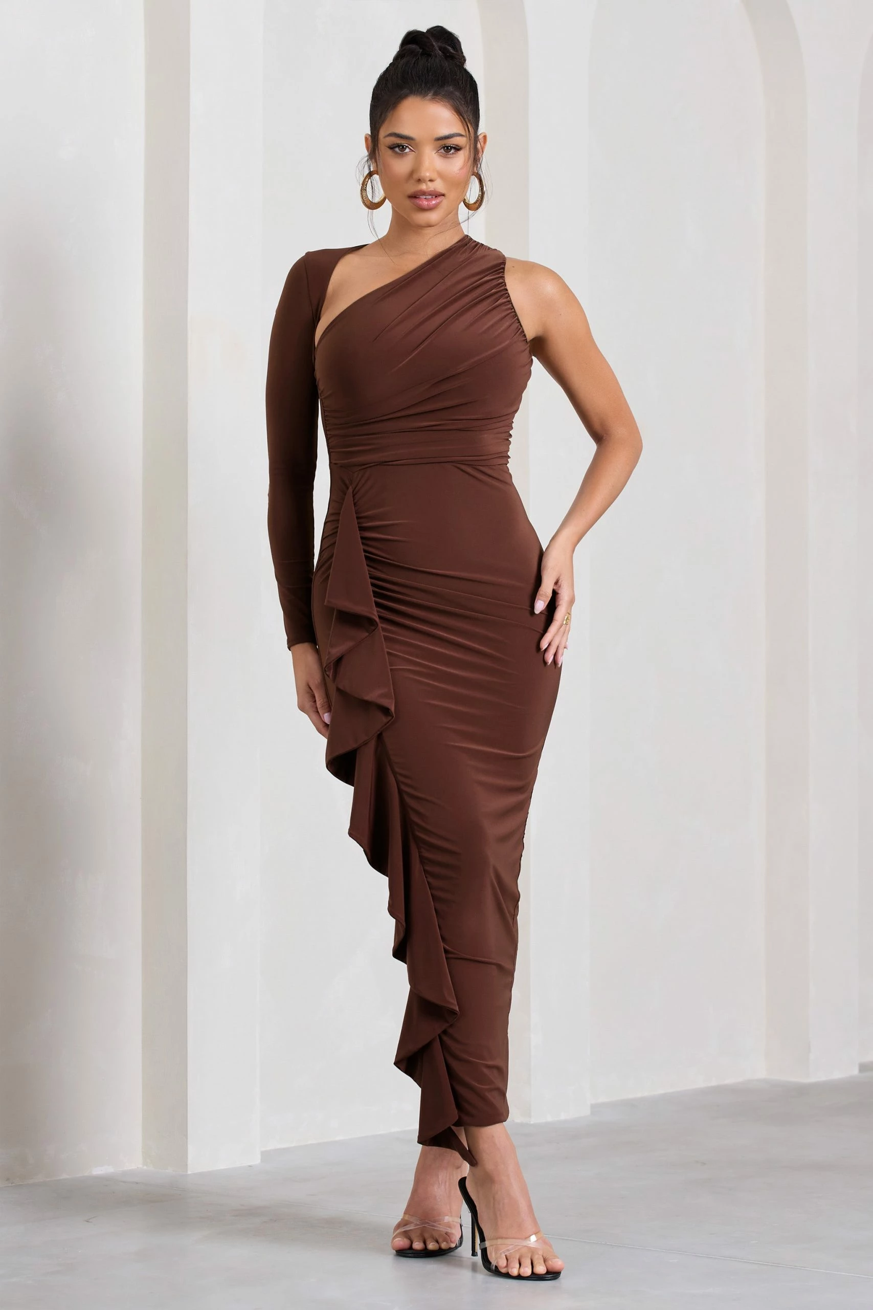 Compass | Brown One-Sleeved Cut-Out Maxi Dress With Ruffle 7 Compass | Brown One-Sleeved Cut-Out Maxi Dress With Ruffle - Image 5