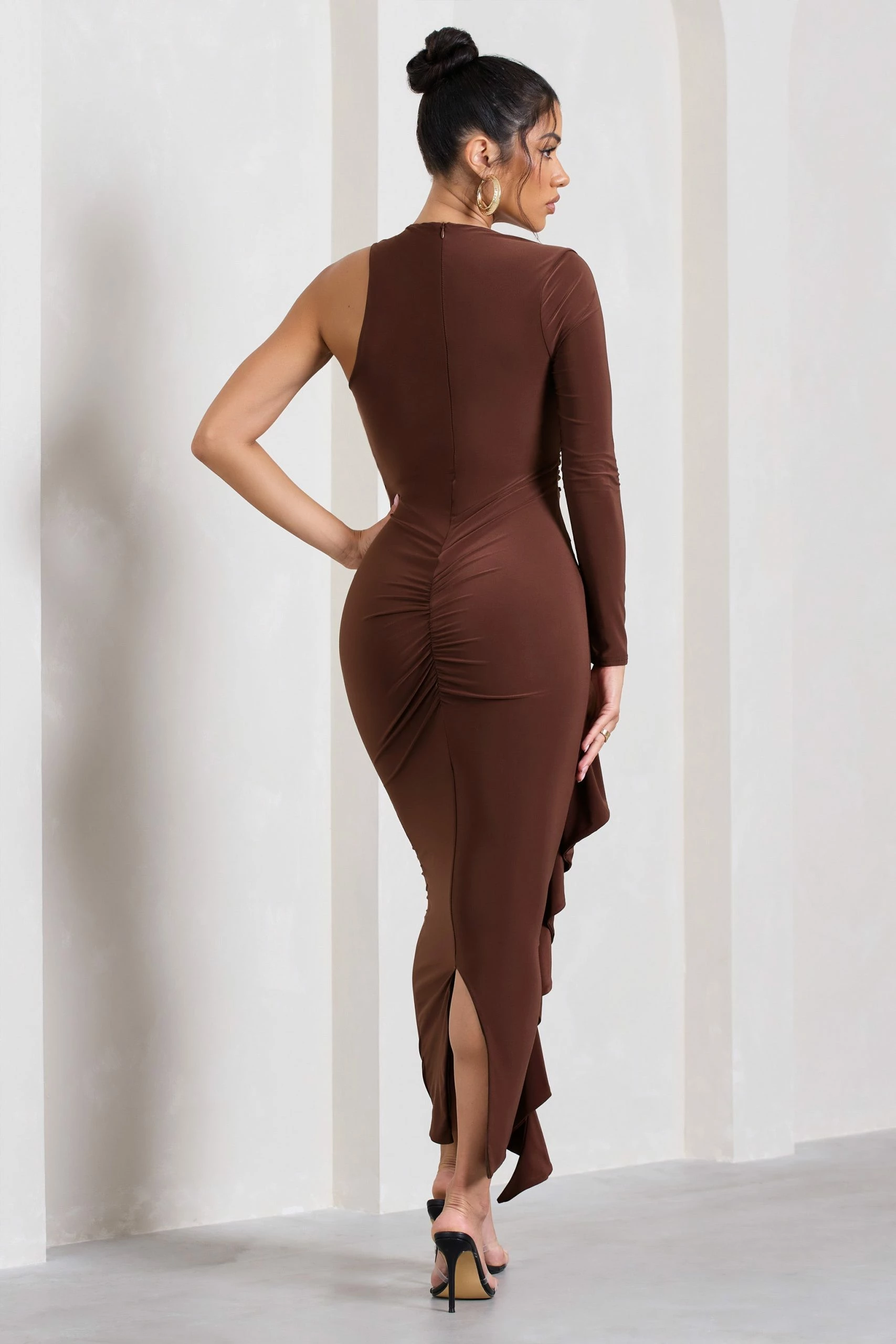 Compass | Brown One-Sleeved Cut-Out Maxi Dress With Ruffle 4 Compass | Brown One-Sleeved Cut-Out Maxi Dress With Ruffle - Image 2
