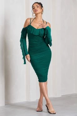 Quinn | Bottle Green Ruched Strappy Long-Sleeved Midi Dress With Ruffles 10 Quinn | Bottle Green Ruched Strappy Long-Sleeved Midi Dress With Ruffles -Dress Shop WB CL129693040 QuinnBottleGreenRuchedStrappyLong SleevedMidiDressWithRuffles1
